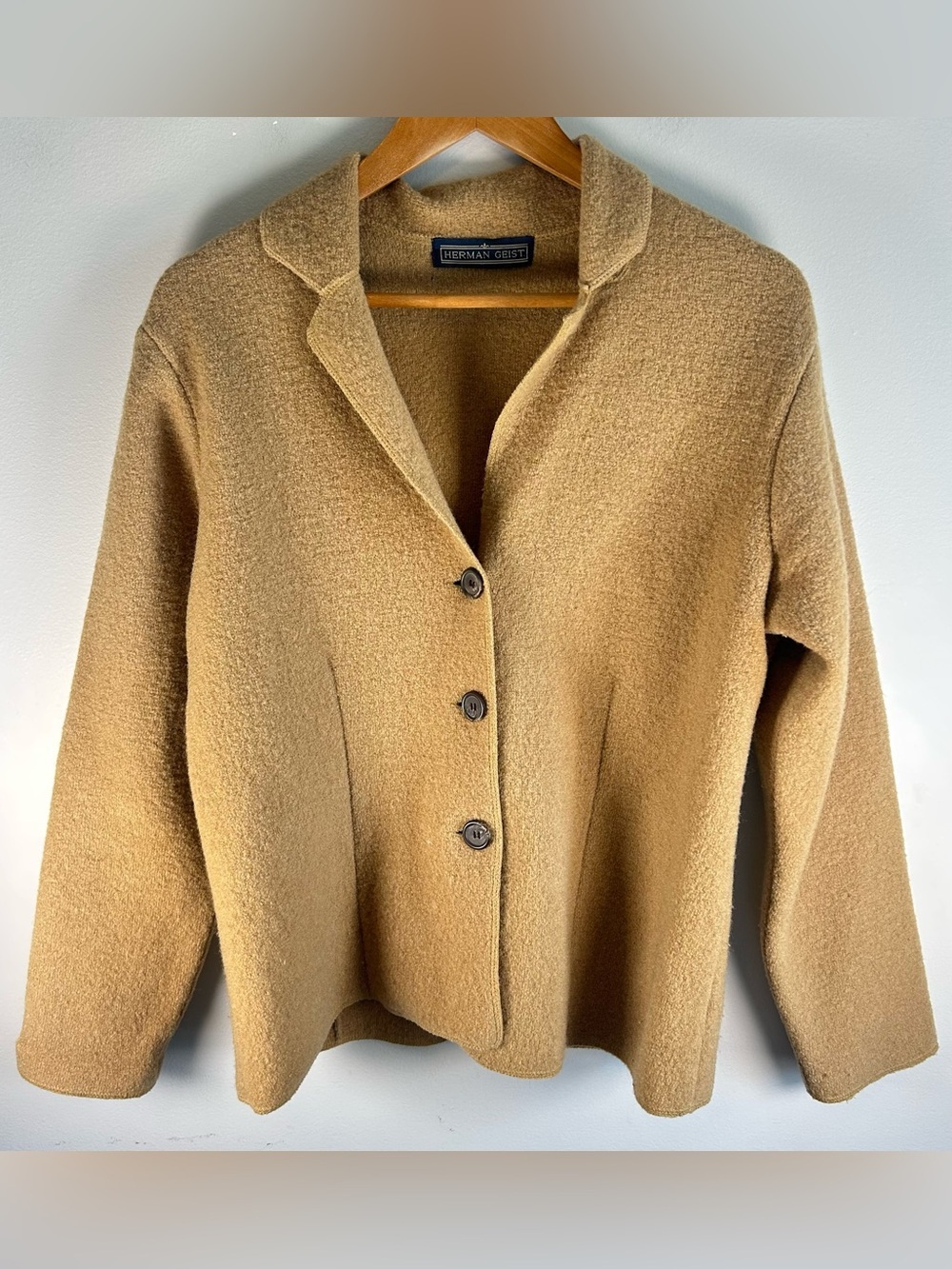 Herman Geist Collared Button Up Shirt Jacket Sz M Beige Boiled Wool Vintage 90s